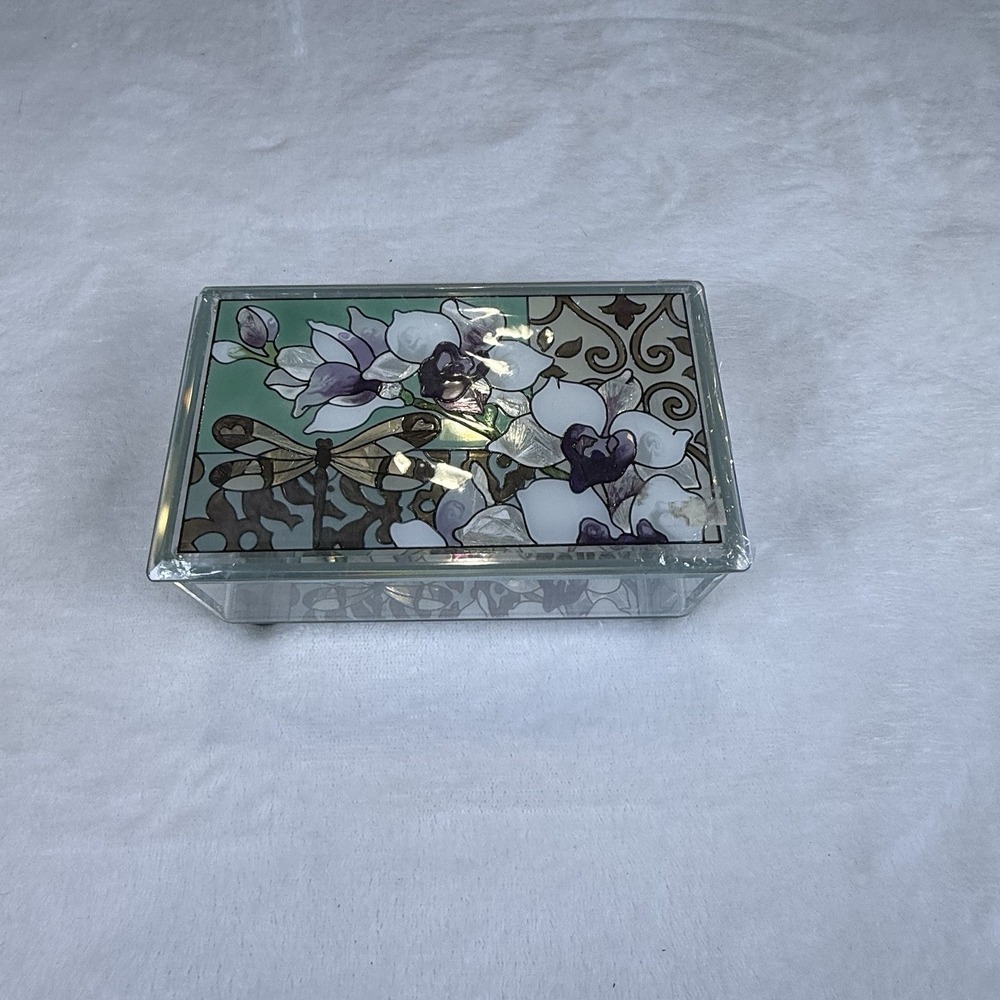 Joan Baker Designs Hand Painted Glass Trinket Box Dragonfly Orchid Floral